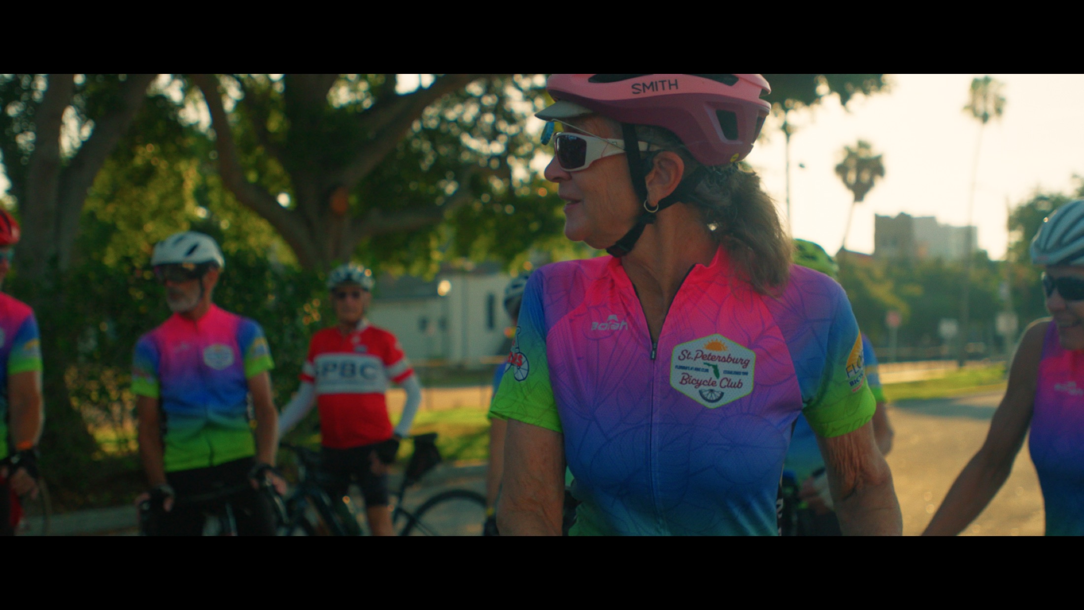 Friends from the cycling group gather after a ride.